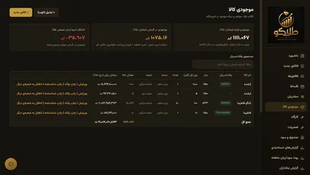 نمای صفحه‌ی موجودی کالا در طلاکو